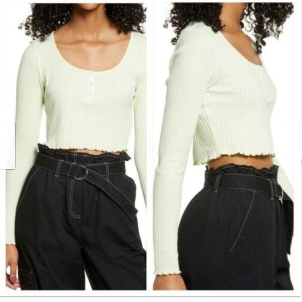 Nordstrom BP Ribbed Cropped 3 Snap Henley Light Green Large